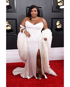 Lizzo White Strapless Beaded Formal Celebrity Dress with Slit Grammys 2020