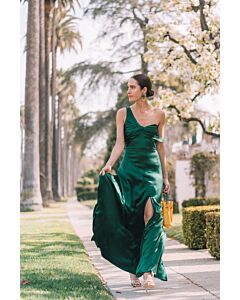 Louise Roe Green Off-the-shoulder Satin Formal Prom Celebrity Wedding Guest Dress