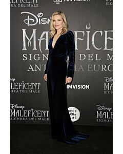 Michelle Pfeiffer Navy Velvet Long Sleeve V Neck Sheath Dress Maleficent Premiere