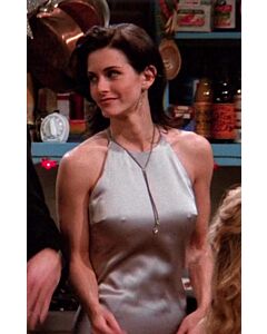 Courteney Cox Monica Geller Silver Gray Satin Formal Party Dress in TV Show "Friends"