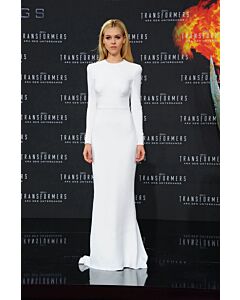 Snow Aura Nicola Peltz Inspired White Long Sleeve High Neck Sheath Celebrity Formal Prom Dress Transformers Premiere