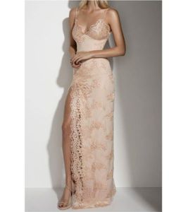 Blushing Lace – Blush Pink Spaghetti-Strap Lace Gown with Thigh-High Slit