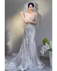 Lace Strapless Mermaid Gown with Long Train for Formal Events