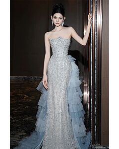 Sparkling Strapless Evening Gown with Tiered Tulle Train – Perfect for Elegant Occasions