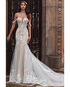 Lace Illusion Mermaid Wedding Gown with Off-the-Shoulder Sleeves and Cathedral Train