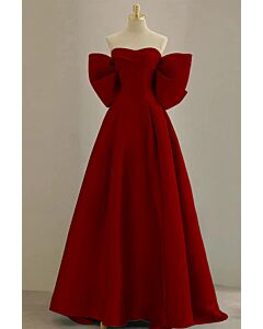 Crimson Off-Shoulder Ball Gown with Dramatic Bow Sleeves – Perfect for Formal Galas and Weddings