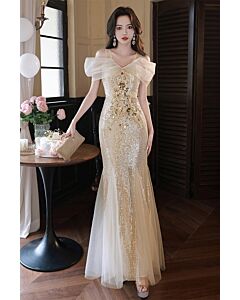 Glamorous Off-Shoulder Sequin Evening Gown with Sheer Overlay and Floral Accents