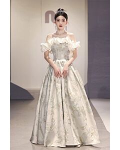 Fairy Tale Off-Shoulder Floral Brocade Ball Gown with Ruffled Sleeves – Ideal for Weddings and Formal Events