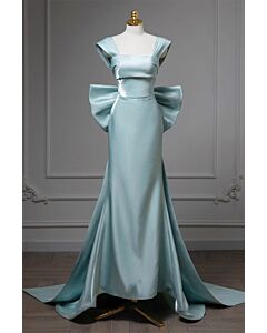 Elegant Aqua Satin Gown with Dramatic Bow Sleeves and Flowing Train