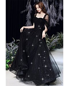 Midnight Lace and Tulle Gown with Sparkling Accents – Elegant Off-Shoulder Evening Dress