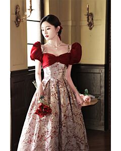 Elegant Red Velvet Bow and Floral Brocade Ball Gown – Perfect for Weddings and Formal Events