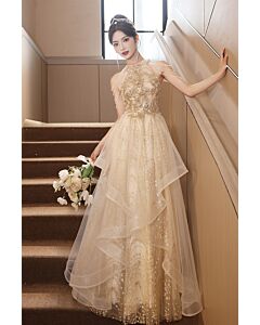 Golden Lace and Tulle Tiered Gown with Shoulder Detailing – Elegant for Weddings and Special Occasions