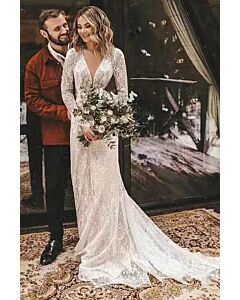 Long-Sleeve Lace V-Neck Mermaid Gown with Long Train for Wedding or Formal Events