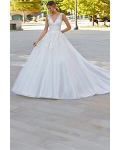 V-Neck Lace Appliqué Ball Gown with Long Train for Formal Events