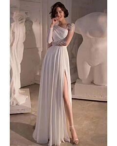 One-Shoulder Lace Sleeve Gown with High Slit for Evening Events