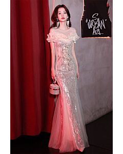 Silver Sequin Off-Shoulder Gown with Ruffled Detail – Perfect for Gala and Evening Parties