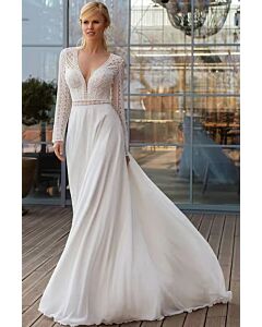 Long-Sleeve V-Neck Lace Bodice Flowy Chiffon Gown with Long Train for Formal Events