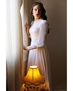 Long-Sleeve Lace High-Neck Gown with Flared Skirt for Formal Events