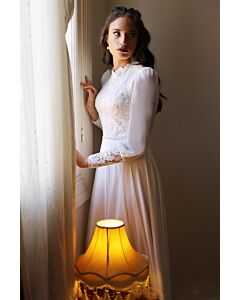 High-Neck Lace Long-Sleeve Gown with Flowy Skirt for Formal Events