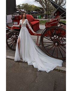 Lace Long-Sleeve V-Neck Gown with Side Slit and Long Train for Formal Events