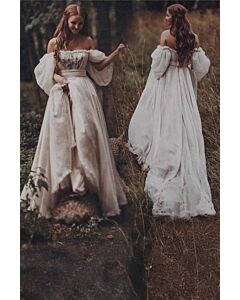 Off-the-Shoulder Puff Sleeve A-Line Gown with Long Train for Formal Events