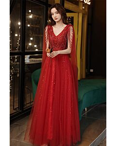 Crimson Glamour Beaded Tulle Gown with Draped Sleeves – Elegant Evening Dress