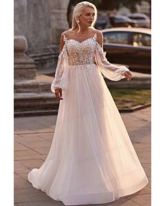 Off-the-Shoulder Lace Tulle Ball Gown with Long Train for Formal Events