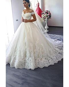 Lace Off-the-Shoulder Ball Gown with Long Train for Wedding