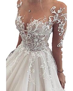 Illusion Lace Long-Sleeve Ball Gown with Full Skirt for Formal Events