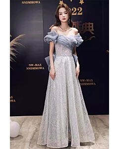 Silver Off-the-Shoulder Ruffled Gown – Perfect for Weddings and Gala Evenings