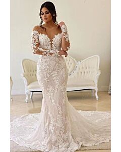 Lace Long-Sleeve Mermaid Gown with Long Train for Formal Events