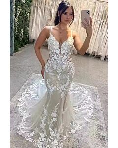 Lace Neck Mermaid Gown with Long Train for Evening Events