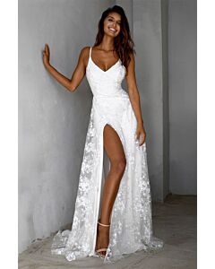 Lace V-Neck High-Slit Maxi Dress with Long Train for Formal Events