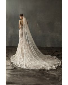 Long Beaded Cathedral Veil with Lace Trim for Bridal Events