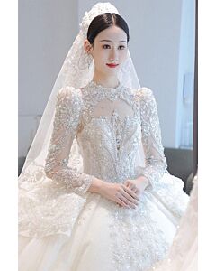 Ivory High-Neck Lace Appliqué Ball Gown with Puff Shoulders – Perfect for Grand Weddings