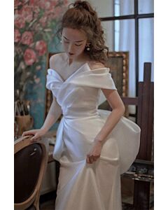 Elegant Off-Shoulder Satin Draped Gown – Perfect for Weddings and Formal Events