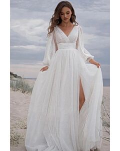 V-Neck Long Sleeve Flowy Gown with High Slit for Formal Events