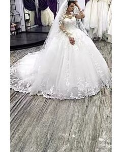 Lace Illusion Neckline Long  Ball Gown with Long Train for Formal Events