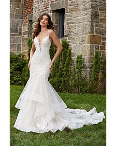 Lace V-Neck Tiered Mermaid Gown with Long Train for Formal Events