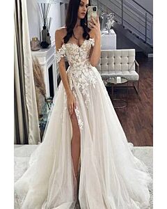 Off-the-Shoulder Lace Bodice Tulle Gown with Side Slit and Long Train for Formal Events
