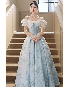 Elegant Blue Floral Off-Shoulder Ball Gown with Puff Sleeves