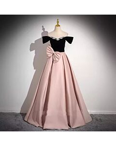 Blush & Black Off-Shoulder Bow Gown – Perfect for Weddings and Formal Events