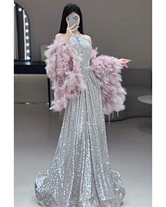 Shimmering Silver Sequin Gown with Pink Feather Shawl – Perfect for Gala and Evening Parties