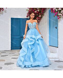 Ethereal Wave – Blue Ruffled Organza Gown with Embroidered Top