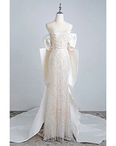 Ivory Beaded Strapless Gown with Satin Bow Detailing – Perfect for Weddings and Luxury Events