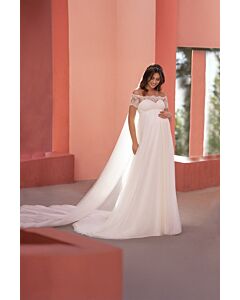 Off-the-Shoulder Lace Bodice Flowy Maxi Dress with Long Train for Formal Events