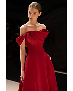 Elegant Off-Shoulder Red Gown with Stylish Draped Bow Detail
