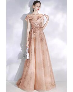 Blush Rose Embroidered Gown – Luxe Off-Shoulder Dress with Floral Sequin Details