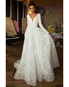 Long-Sleeve V Lace Ball Gown with Long Train for Formal Events