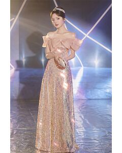 Sparkling Rose Sequin Gown with Off-Shoulder Bow – Elegant Mermaid Dress